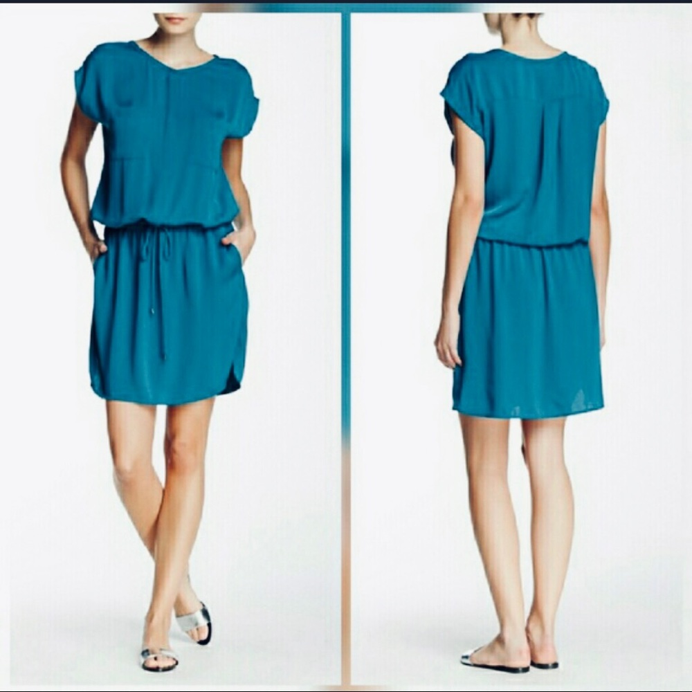 Vince Teal Blue Short Sleeve Drawstring Mini Dress